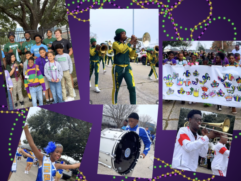 Scholars and staff celebrating during Mardi Gras at the Osborne parade